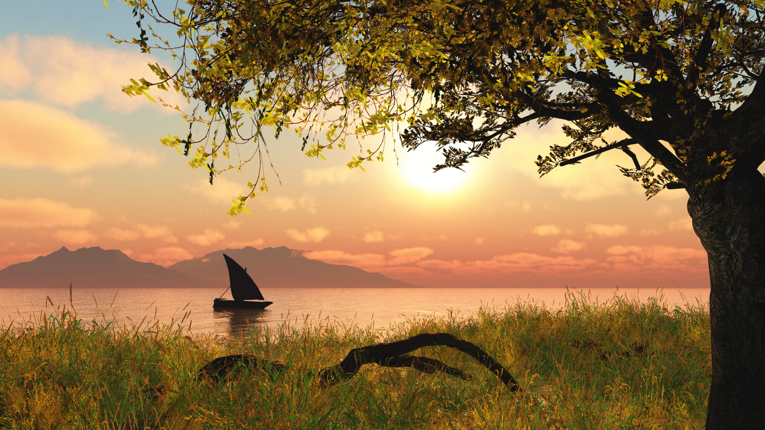 3D landscape with a boat on a river against a sunset sky